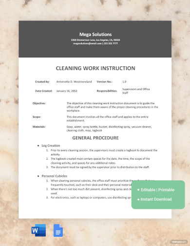 Cleaning Work Instruction Template