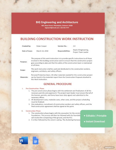Construction Work Instruction Template