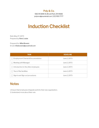 Free Induction Checklist Sample