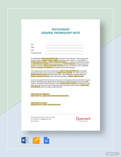 Free Restaurant General Promissory Note Template