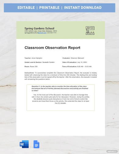 Free Sample Classroom Observation Report Template