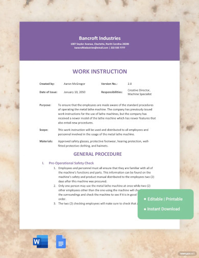 Free Work Instruction Sample