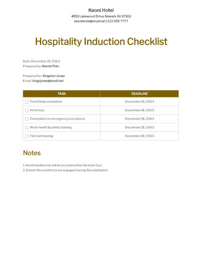 Hospitality Induction Checklist Template
