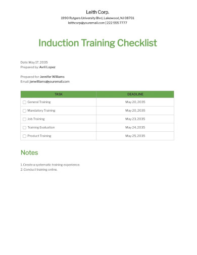 Induction Training Checklist Template