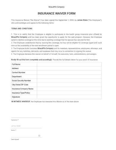 Insurance Waiver Form Template