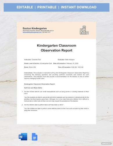 Kindergarten Classroom Observation Report Template