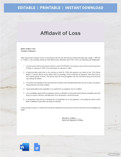 Letter Of Affidavit Of Loss