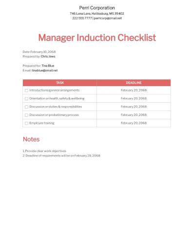 Manager Induction Checklist Template