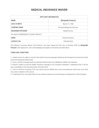 Medical Insurance Waiver Form Template