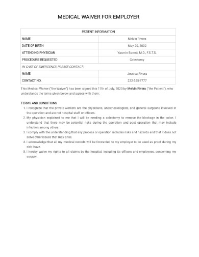 Medical Waiver Form For Employer Template