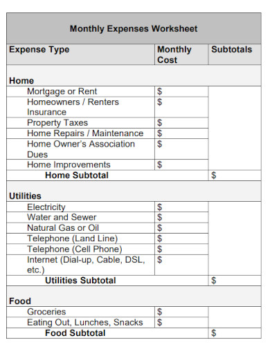 Monthly Expenses Worksheet