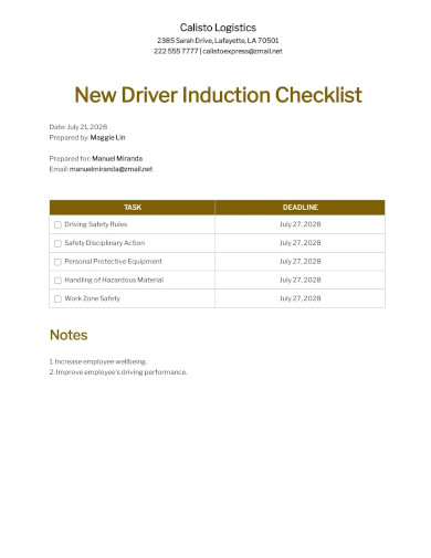 New Driver Induction Checklist Template