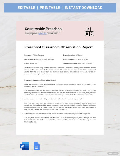 Preschool Classroom Observation Report Template