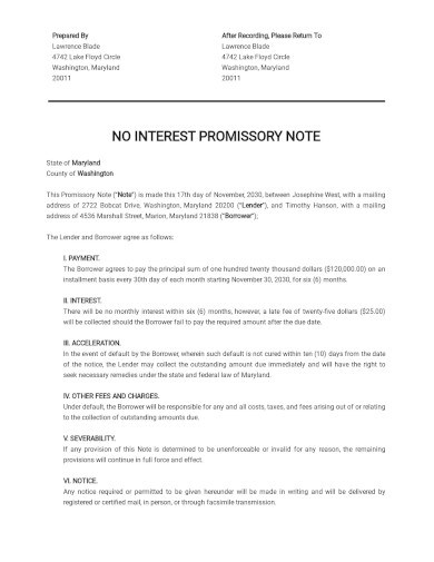 Promissory Note Template No Interest