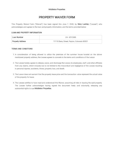 Property Waiver Form Template