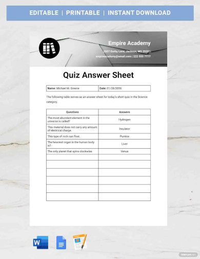 Quiz Answer Sheet Template