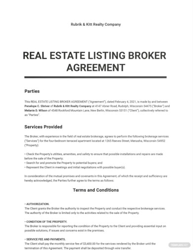 Real Estate Listing Broker Agreement Template