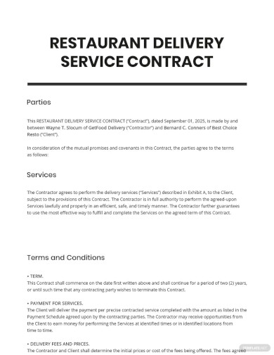 Restaurant Delivery Service Contract Template