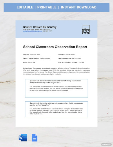 School Classroom Observation Report Template