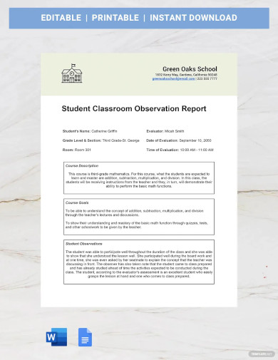 Student Classroom Observation Report Template