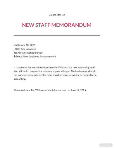 Welcome New Staff Memo Template