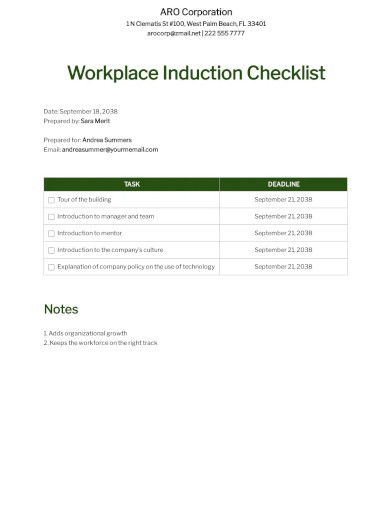 Workplace Induction Checklist Template 