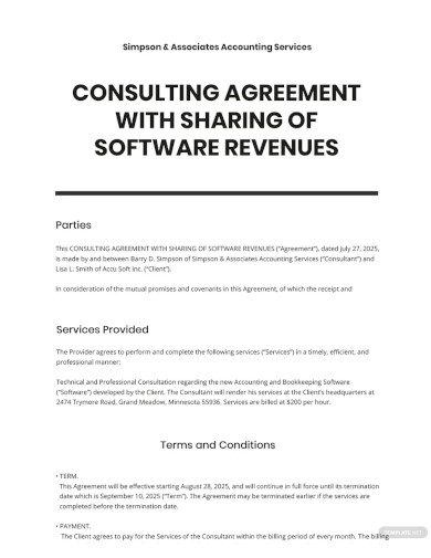 Consulting Agreement with Sharing of Software Revenues Template