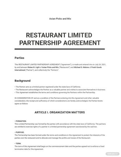 Restaurant Limited Partnership Agreement Template