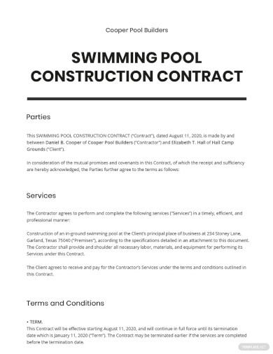 Swimming Pool Construction Contract Template
