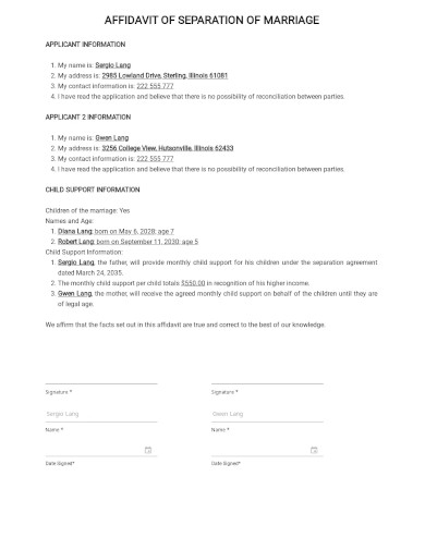 Affidavit of Separation of Marriage Template