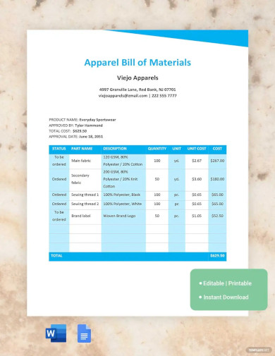 Apparel Bill Of Materials