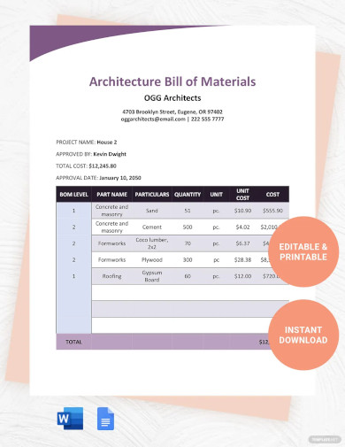 Architecture Bill Of Materials Template