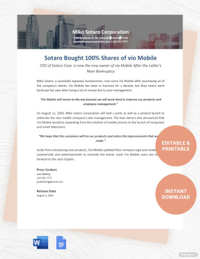 Business Acquisition Press Release Template