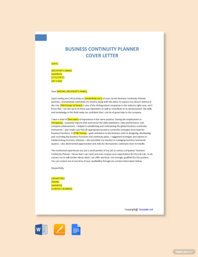 Business Continuity Planner Cover Letter Template