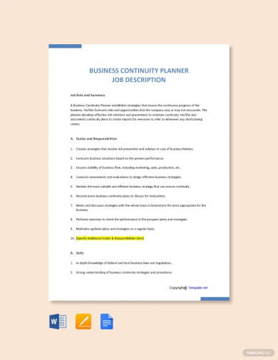 Business Continuity Planner Job Ad Description Template