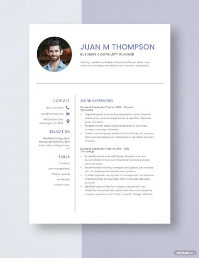 Business Continuity Planner Resume Template
