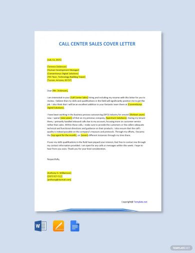 Call Center Sales Cover Letter Template