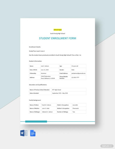 Editable Student Enrollment Form Template