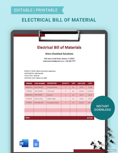 Electrical Bill Of Material Template