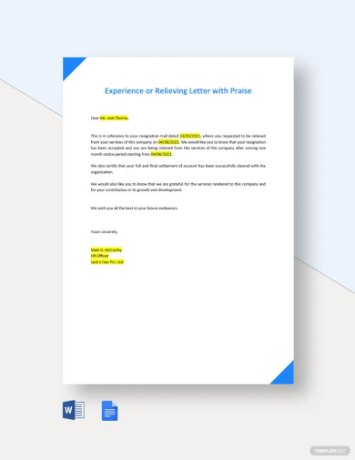 Experience or Relieving Letter with Praise Template