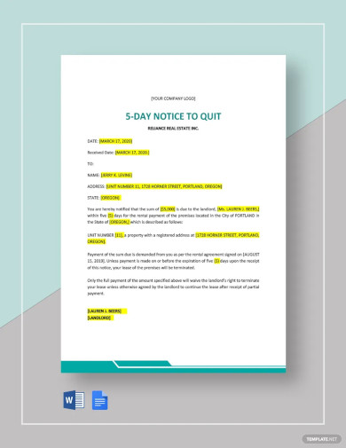 Five 5 Day Notice to Quit Template