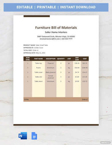 Furniture Bill Of Materials Template