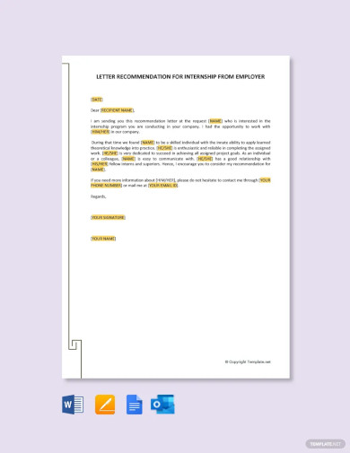 Letter of Recommendation for Internship from Employer Template