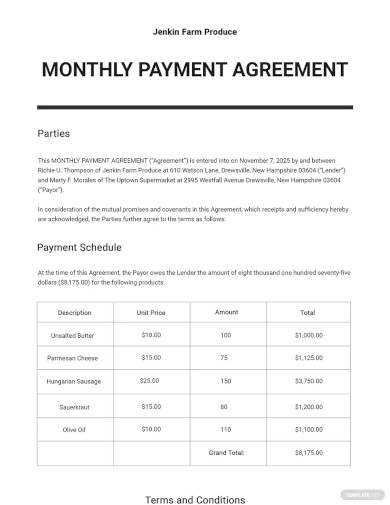 Monthly Payment Agreement Template