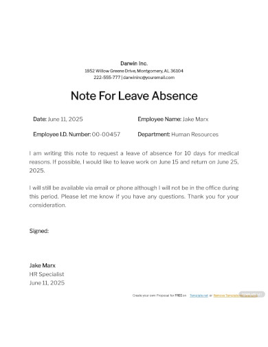 Note for Leave of Absence Template