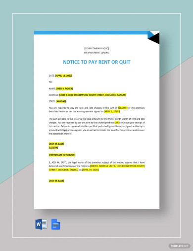 Notice to Pay Rent or Quit Template