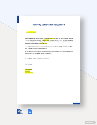 Relieving Letter after Resignation Template