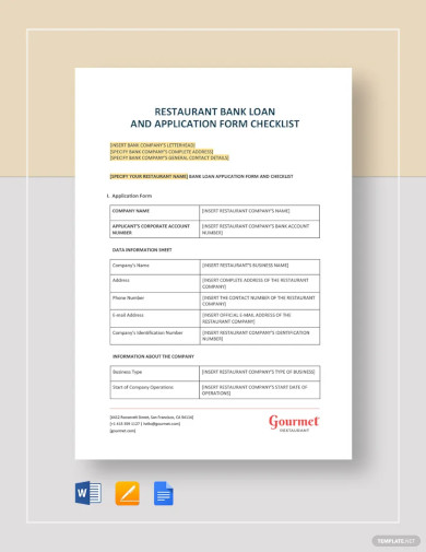 Restaurant Bank Loan and Application Form Checklist Template
