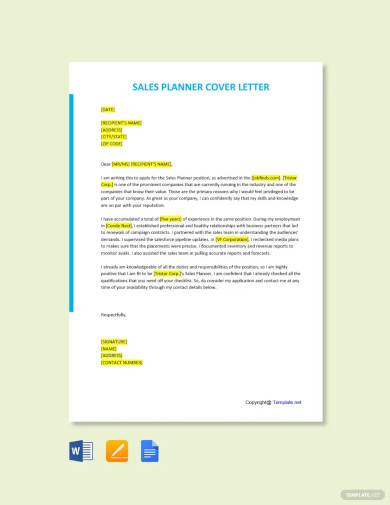 Sales Planner Cover Letter Template