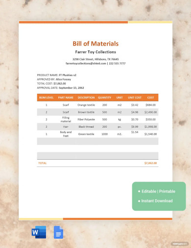 Sample Bill Of Material Template